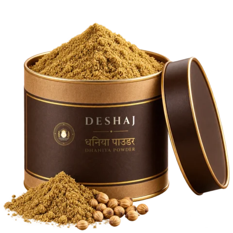 Deshaj dhaniya powder in a kraft tin